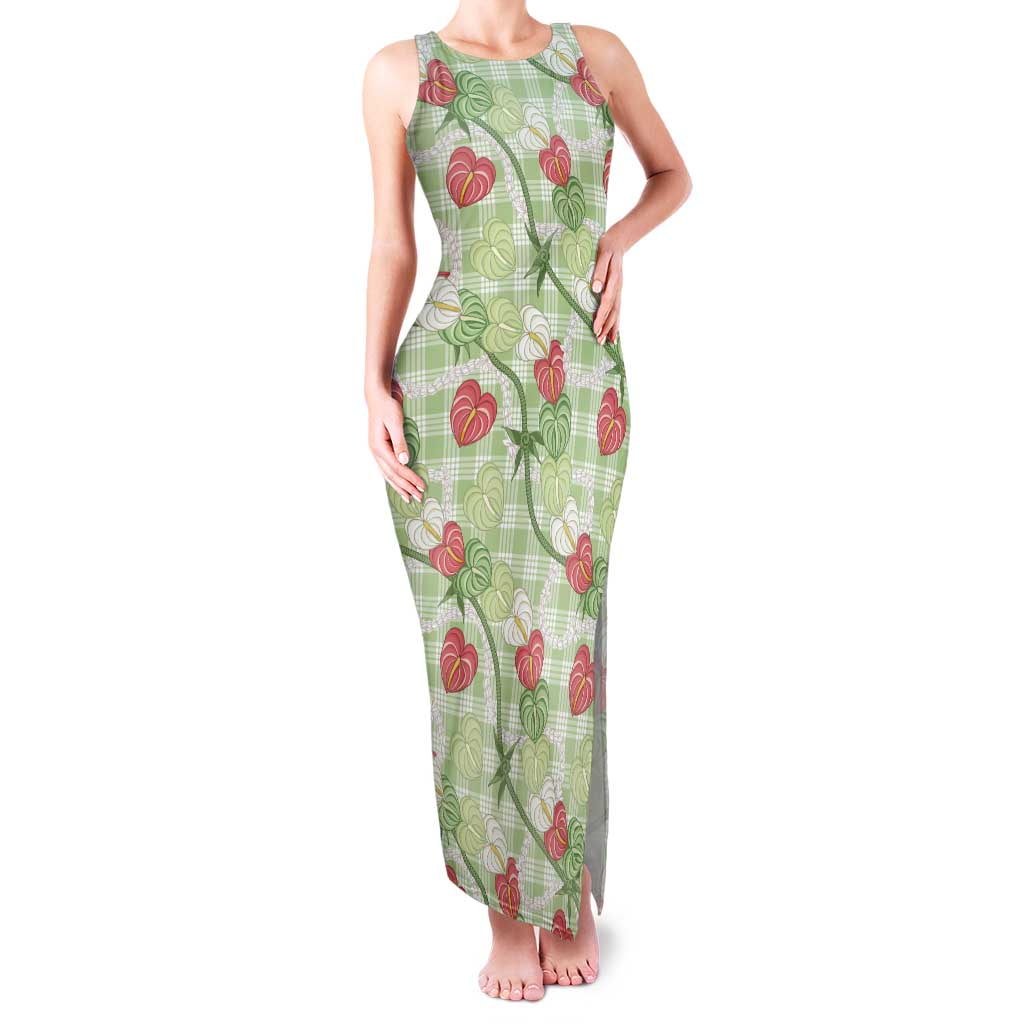 Anthurium Pikake Ti Leaf Palaka Family Matching Tank Maxi Dress and Hawaiian Shirt Green Version