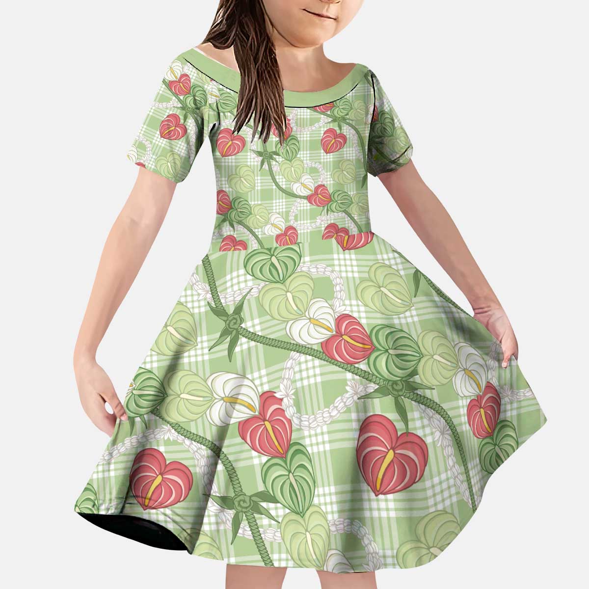 Anthurium Pikake Ti Leaf Palaka Kid Short Sleeve Dress Green Version