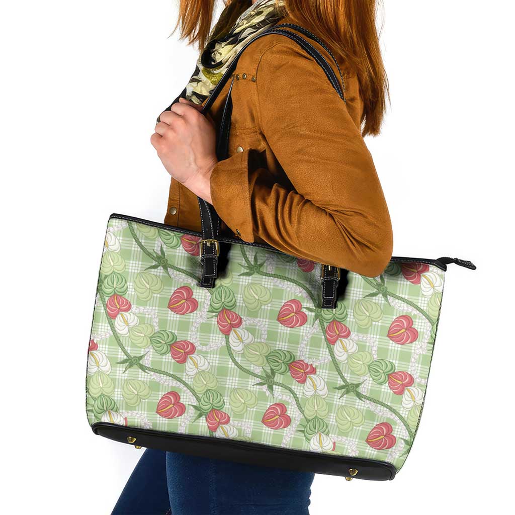 Anthurium Pikake Ti Leaf Palaka Leather Tote Bag Green Version