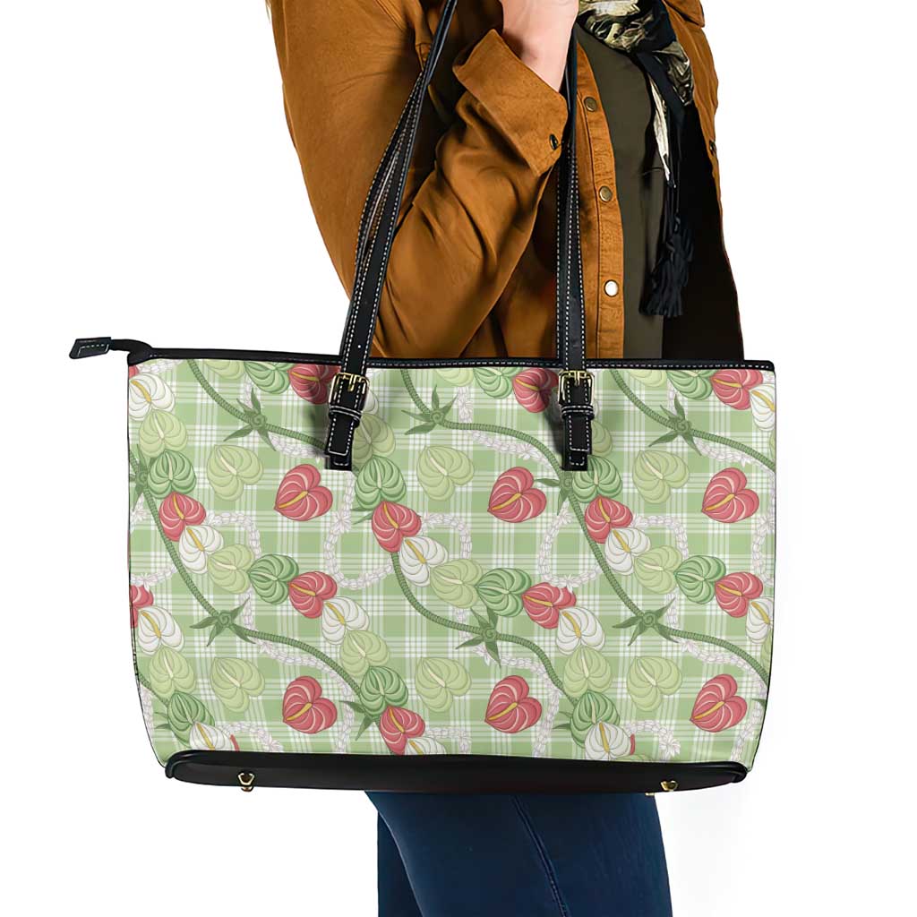 Anthurium Pikake Ti Leaf Palaka Leather Tote Bag Green Version