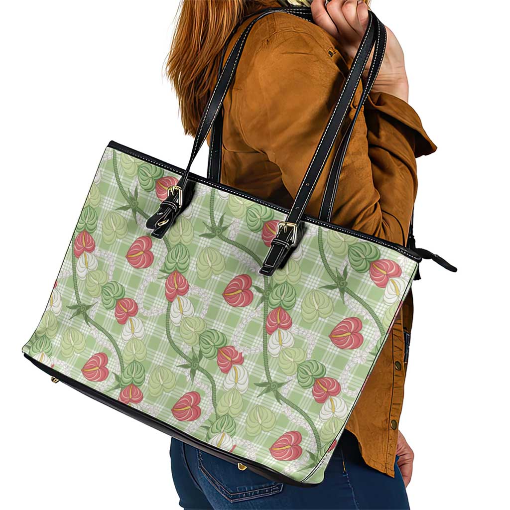 Anthurium Pikake Ti Leaf Palaka Leather Tote Bag Green Version
