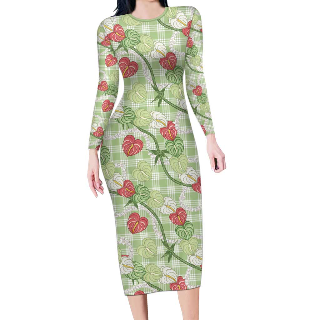 Anthurium Pikake Ti Leaf Palaka Long Sleeve Bodycon Dress Green Version