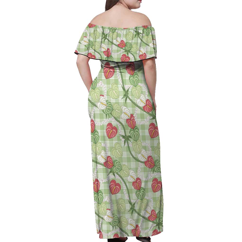 Anthurium Pikake Ti Leaf Palaka Off Shoulder Maxi Dress Green Version