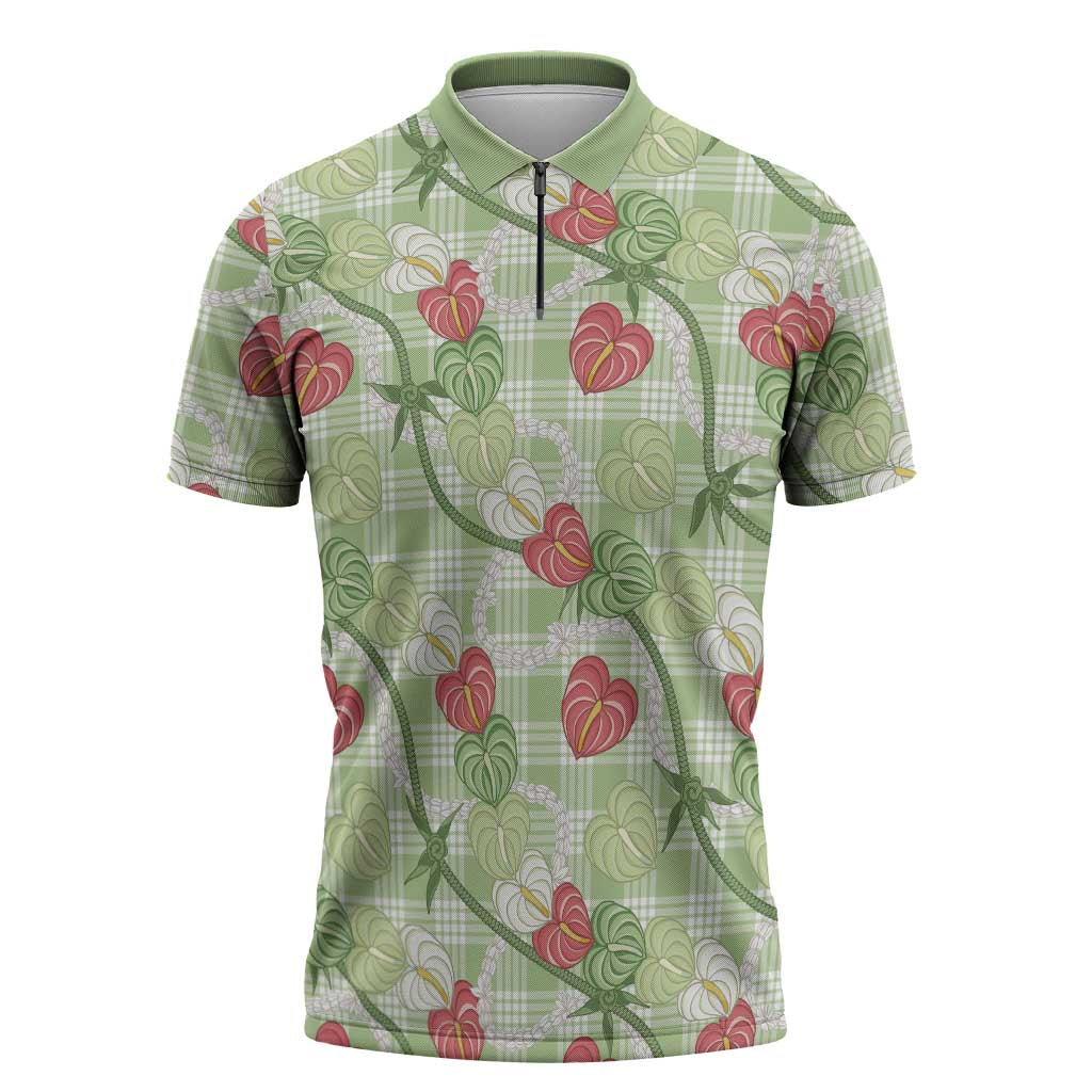 Anthurium Pikake Ti Leaf Palaka Zipper Polo Shirt Green Version