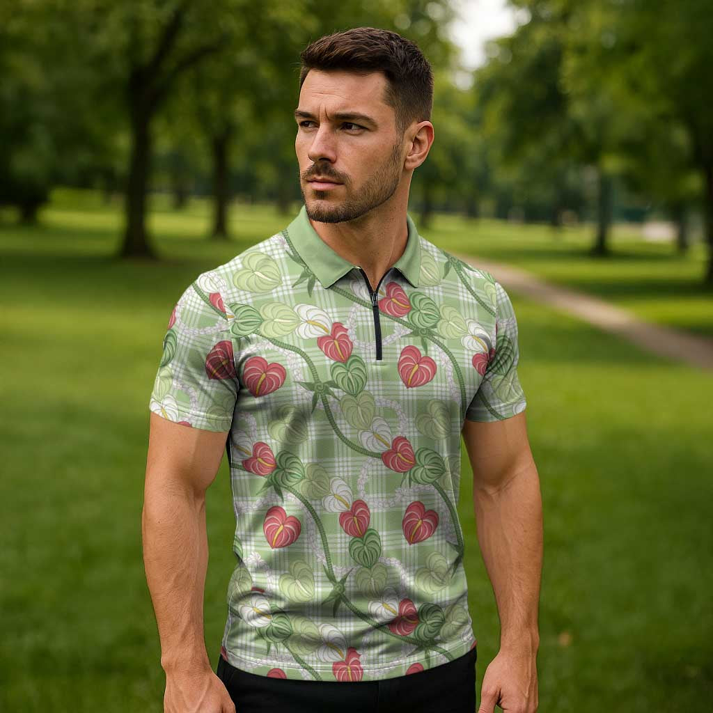 Anthurium Pikake Ti Leaf Palaka Zipper Polo Shirt Green Version