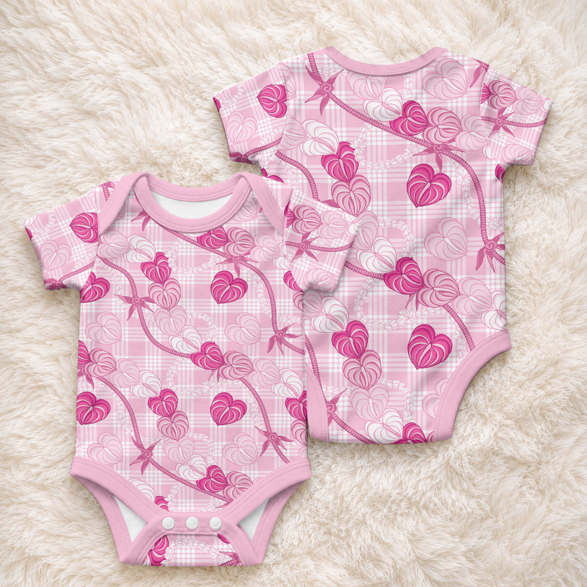 Anthurium Pikake Ti Leaf Palaka Baby Onesie Pink Version LT01 - Polynesian Pride