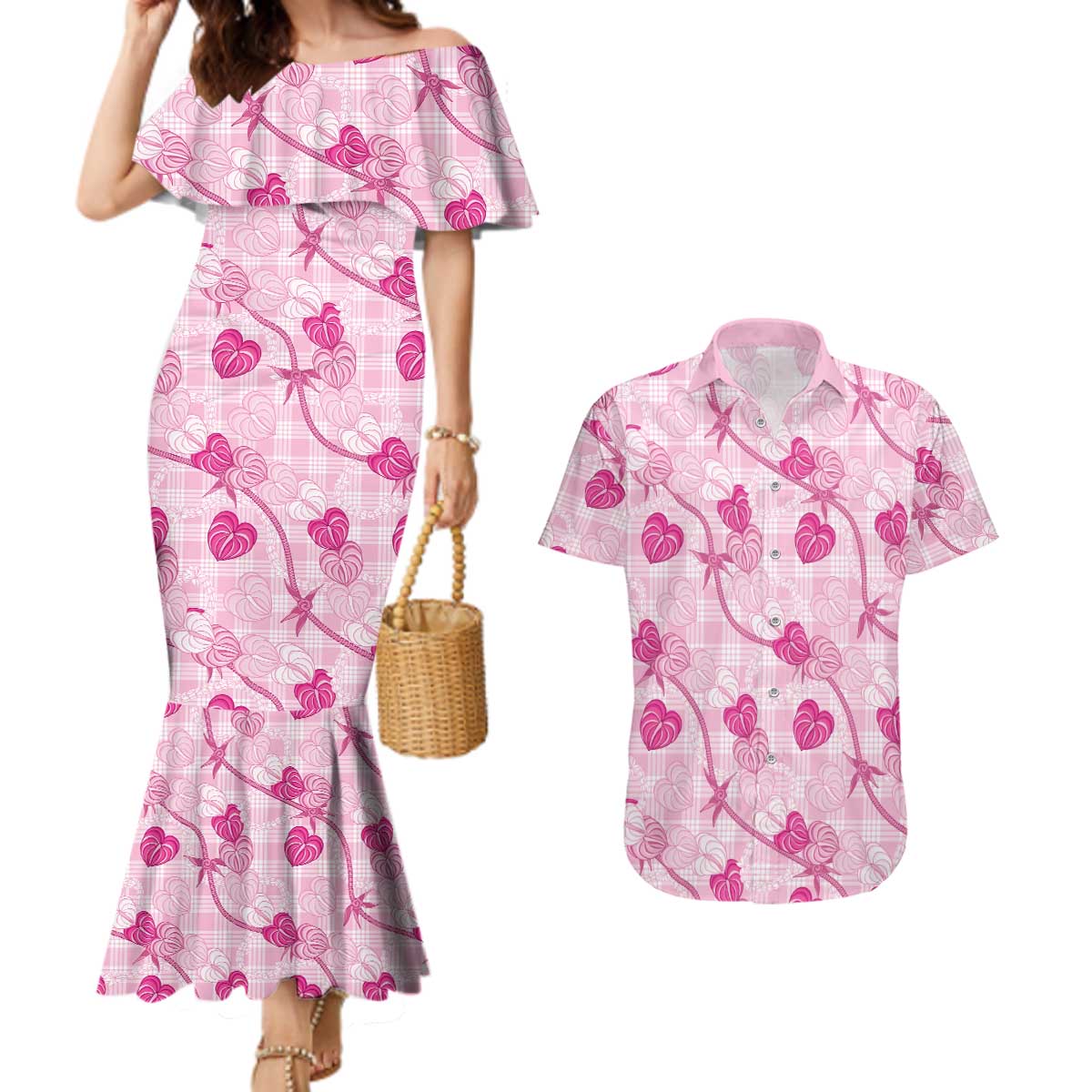 Anthurium Pikake Ti Leaf Palaka Couples Matching Mermaid Dress and Hawaiian Shirt Pink Version
