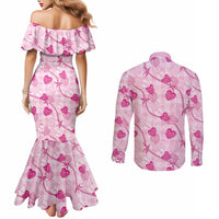 Anthurium Pikake Ti Leaf Palaka Couples Matching Mermaid Dress and Long Sleeve Button Shirt Pink Version