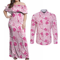 Anthurium Pikake Ti Leaf Palaka Couples Matching Off Shoulder Maxi Dress and Long Sleeve Button Shirt Pink Version