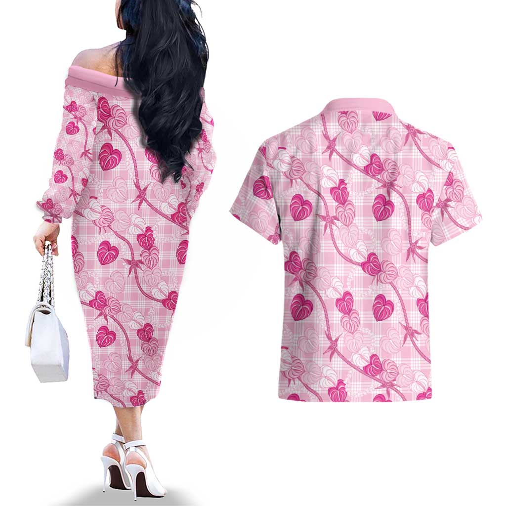 Anthurium Pikake Ti Leaf Palaka Couples Matching Off The Shoulder Long Sleeve Dress and Hawaiian Shirt Pink Version