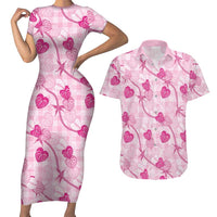 Anthurium Pikake Ti Leaf Palaka Couples Matching Short Sleeve Bodycon Dress and Hawaiian Shirt Pink Version