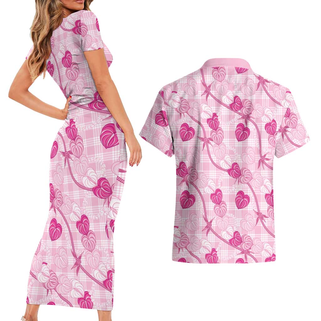 Anthurium Pikake Ti Leaf Palaka Couples Matching Short Sleeve Bodycon Dress and Hawaiian Shirt Pink Version