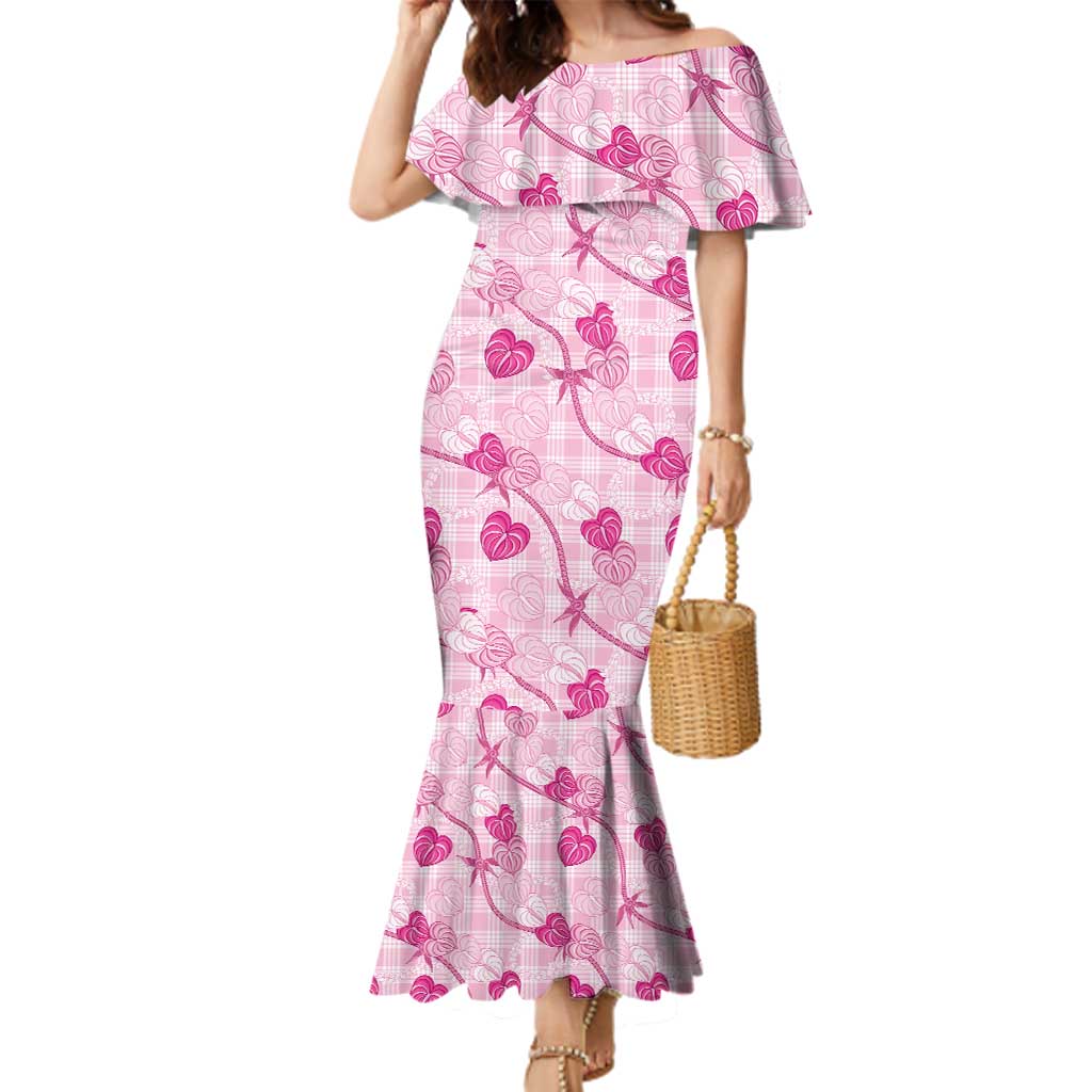 Anthurium Pikake Ti Leaf Palaka Family Matching Mermaid Dress and Hawaiian Shirt Pink Version