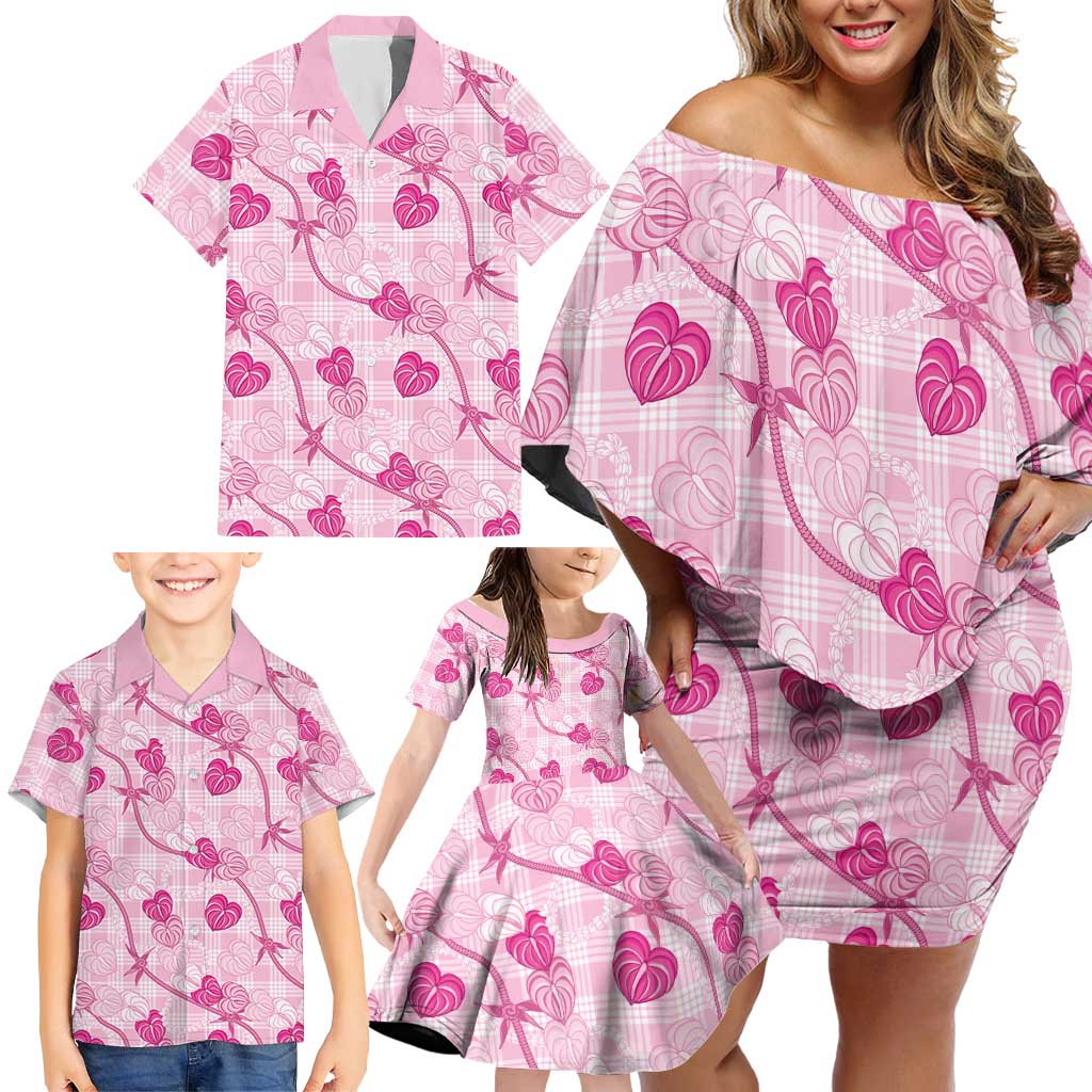 Anthurium Pikake Ti Leaf Palaka Family Matching Off Shoulder Short Dress and Hawaiian Shirt Pink Version