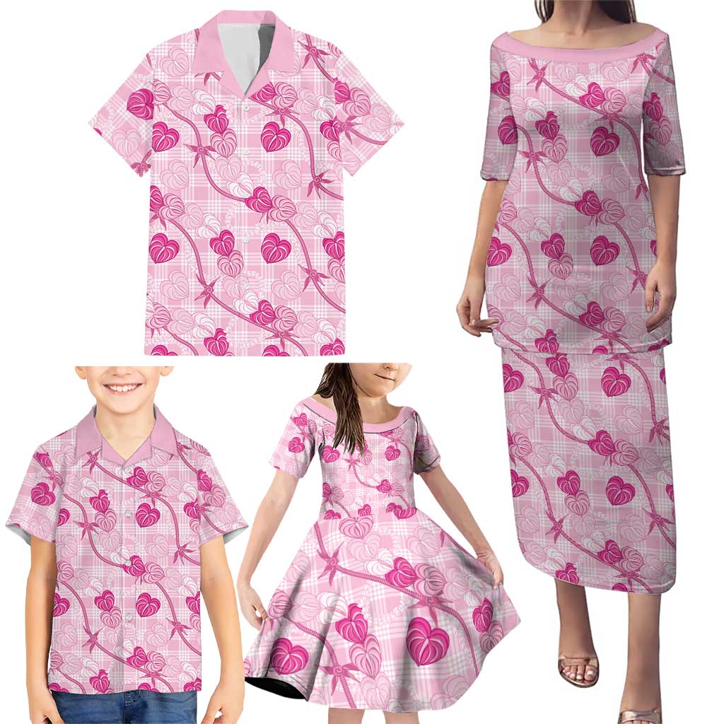Anthurium Pikake Ti Leaf Palaka Family Matching Puletasi and Hawaiian Shirt Pink Version
