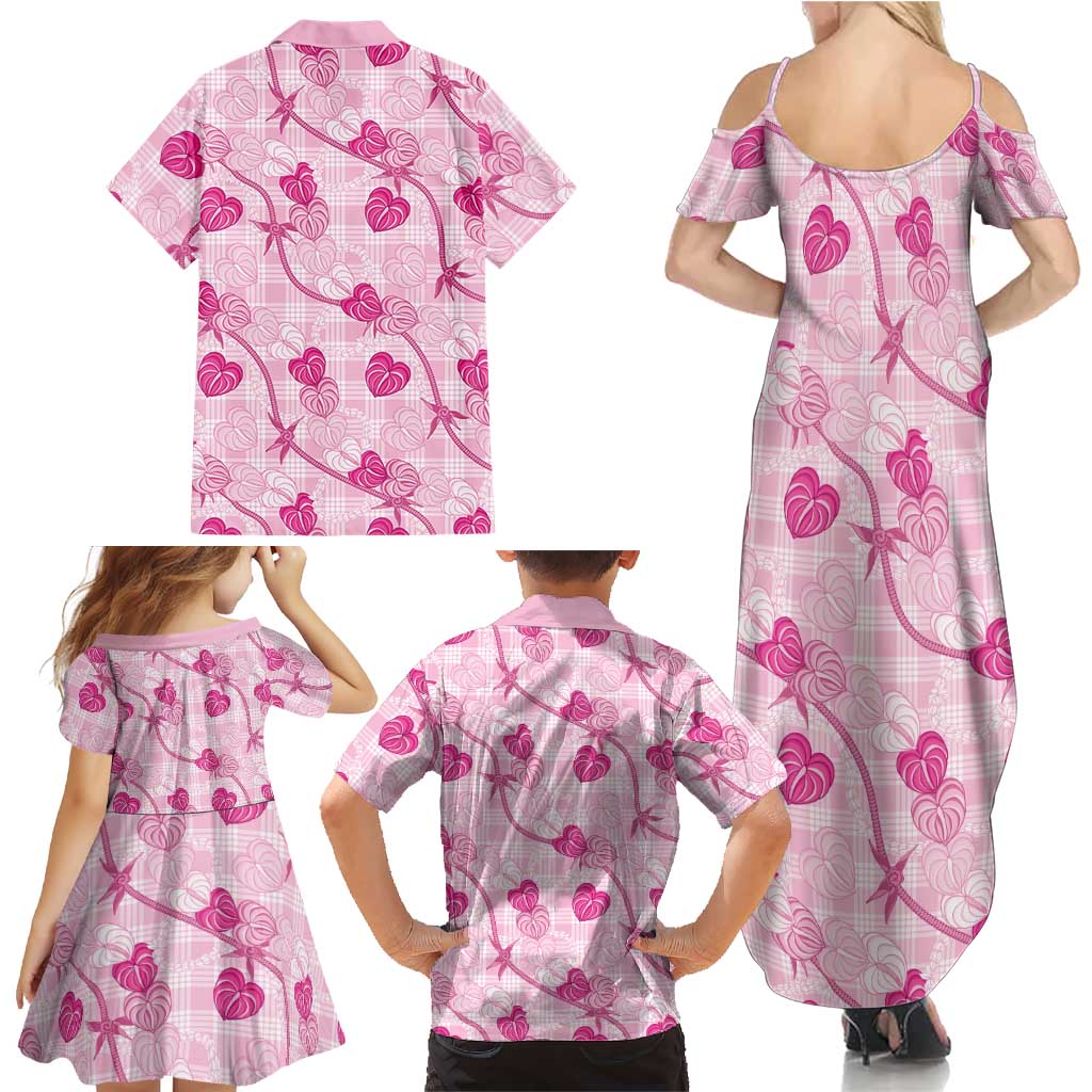 Anthurium Pikake Ti Leaf Palaka Family Matching Summer Maxi Dress and Hawaiian Shirt Pink Version