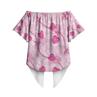 Anthurium Pikake Ti Leaf Palaka Off Shoulder Wrap Waist Top Pink Version LT01 - Polynesian Pride