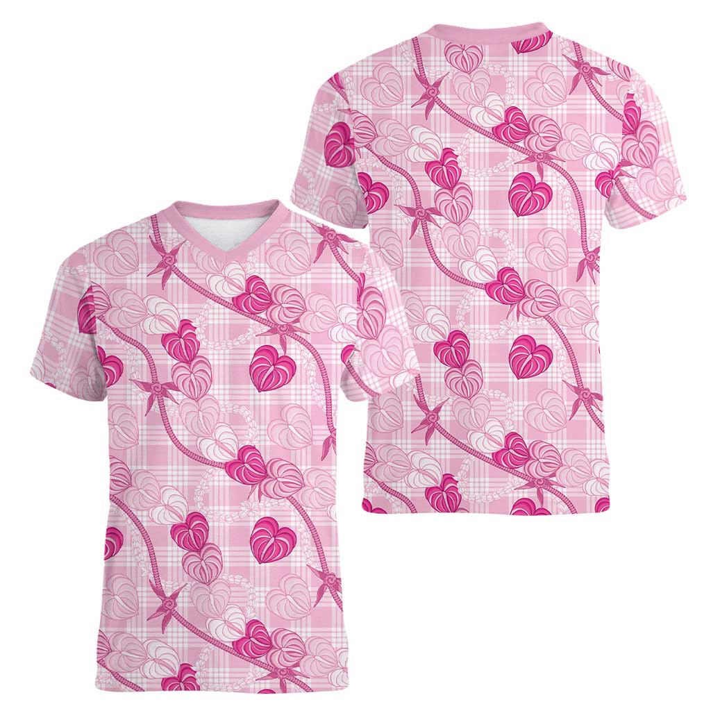 Anthurium Pikake Ti Leaf Palaka Women V-Neck T-Shirt Pink Version