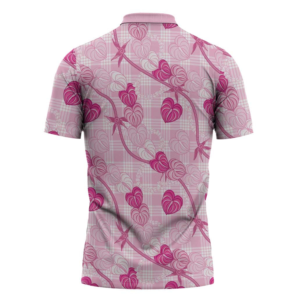 Anthurium Pikake Ti Leaf Palaka Zipper Polo Shirt Pink Version