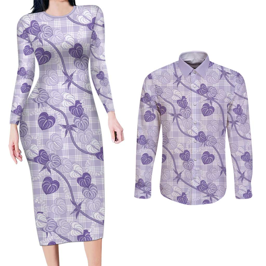 Anthurium Pikake Ti Leaf Palaka Couples Matching Long Sleeve Bodycon Dress and Long Sleeve Button Shirt Purple Version