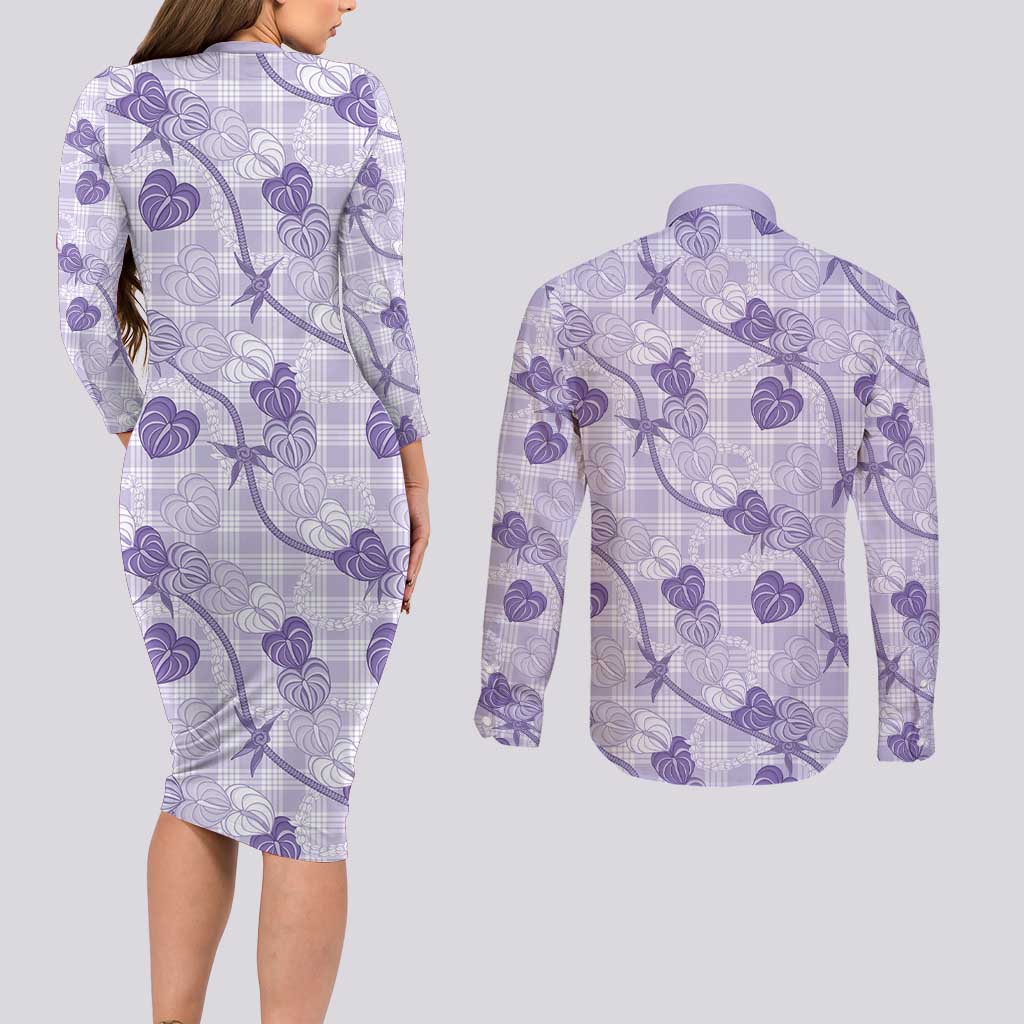 Anthurium Pikake Ti Leaf Palaka Couples Matching Long Sleeve Bodycon Dress and Long Sleeve Button Shirt Purple Version