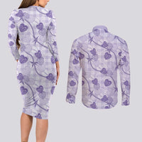 Anthurium Pikake Ti Leaf Palaka Couples Matching Long Sleeve Bodycon Dress and Long Sleeve Button Shirt Purple Version