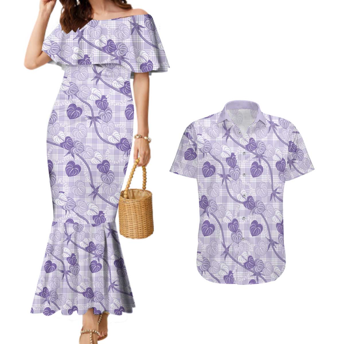 Anthurium Pikake Ti Leaf Palaka Couples Matching Mermaid Dress and Hawaiian Shirt Purple Version