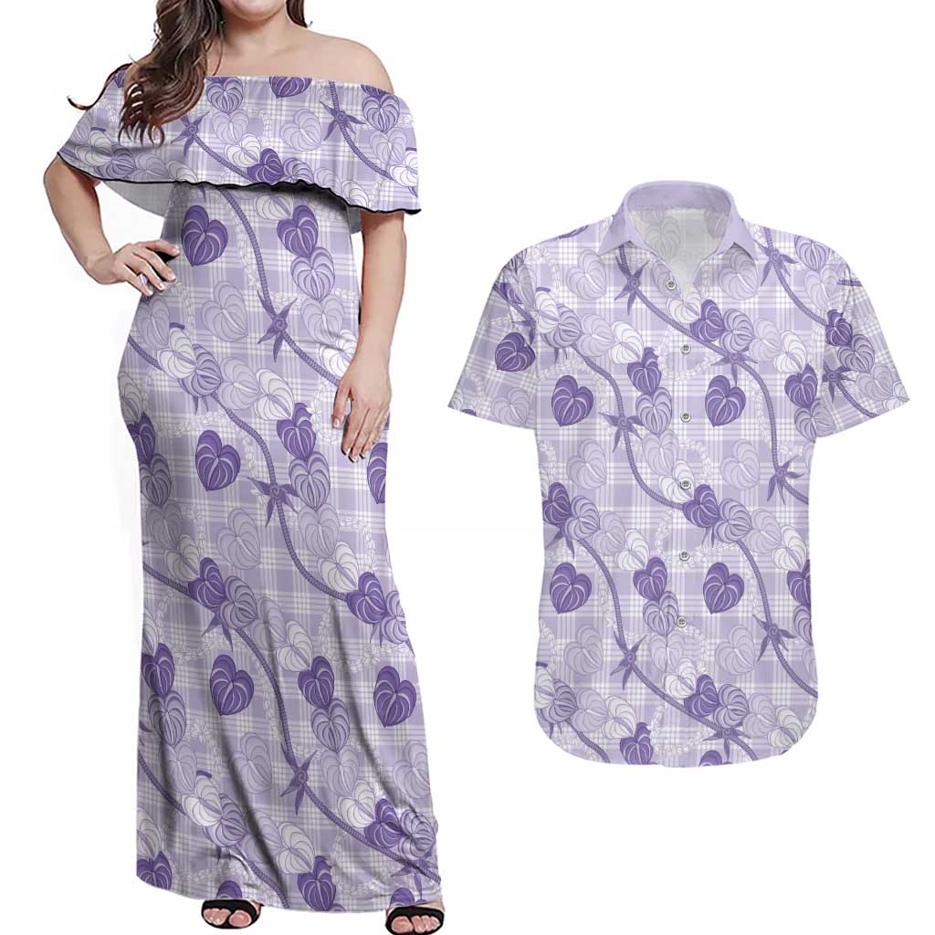 Anthurium Pikake Ti Leaf Palaka Couples Matching Off Shoulder Maxi Dress and Hawaiian Shirt Purple Version
