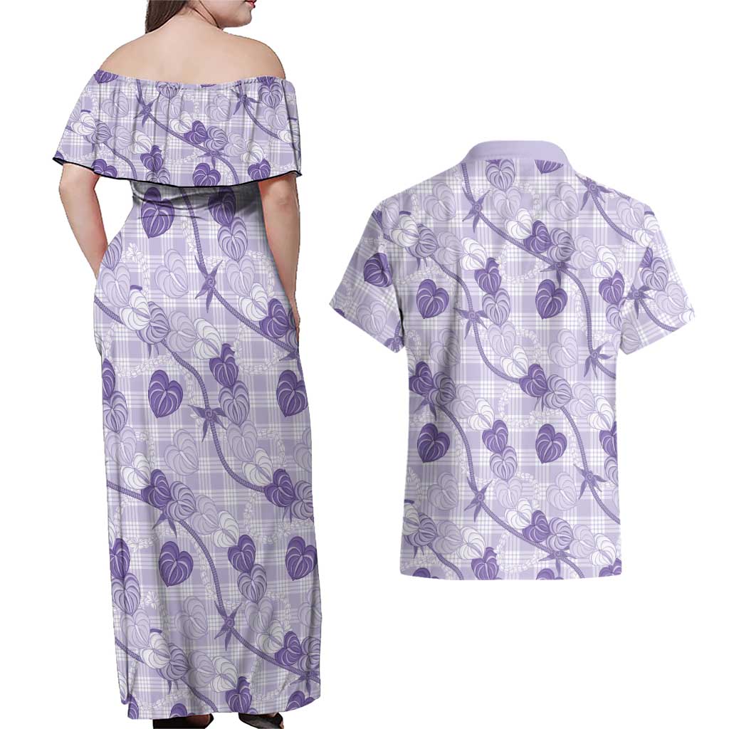 Anthurium Pikake Ti Leaf Palaka Couples Matching Off Shoulder Maxi Dress and Hawaiian Shirt Purple Version