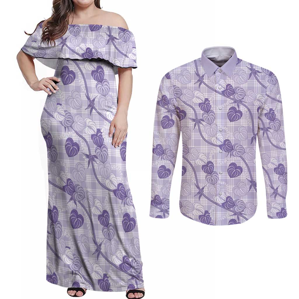 Anthurium Pikake Ti Leaf Palaka Couples Matching Off Shoulder Maxi Dress and Long Sleeve Button Shirt Purple Version