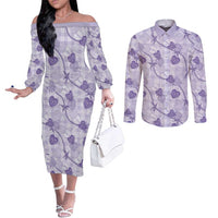 Anthurium Pikake Ti Leaf Palaka Couples Matching Off The Shoulder Long Sleeve Dress and Long Sleeve Button Shirt Purple Version