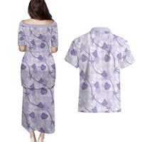 Anthurium Pikake Ti Leaf Palaka Couples Matching Puletasi and Hawaiian Shirt Purple Version