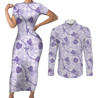Anthurium Pikake Ti Leaf Palaka Couples Matching Short Sleeve Bodycon Dress and Long Sleeve Button Shirt Purple Version