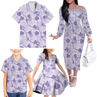 Anthurium Pikake Ti Leaf Palaka Family Matching Off The Shoulder Long Sleeve Dress and Hawaiian Shirt Purple Version LT01 - Polynesian Pride