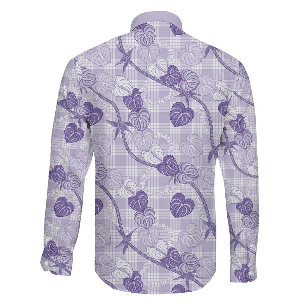 Anthurium Pikake Ti Leaf Palaka Family Matching Off The Shoulder Long Sleeve Dress and Hawaiian Shirt Purple Version LT01 - Polynesian Pride