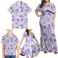 Anthurium Pikake Ti Leaf Palaka Family Matching Off Shoulder Maxi Dress and Hawaiian Shirt Purple Version