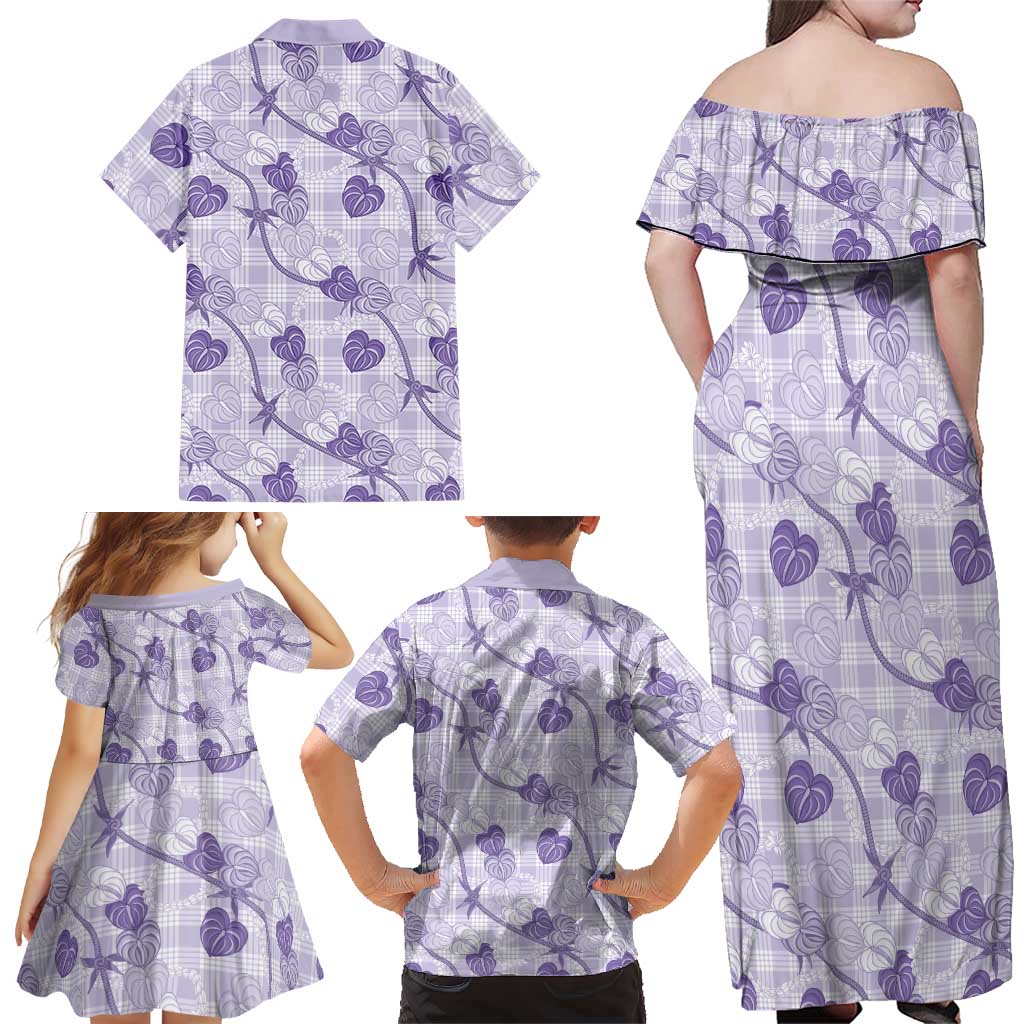 Anthurium Pikake Ti Leaf Palaka Family Matching Off Shoulder Maxi Dress and Hawaiian Shirt Purple Version
