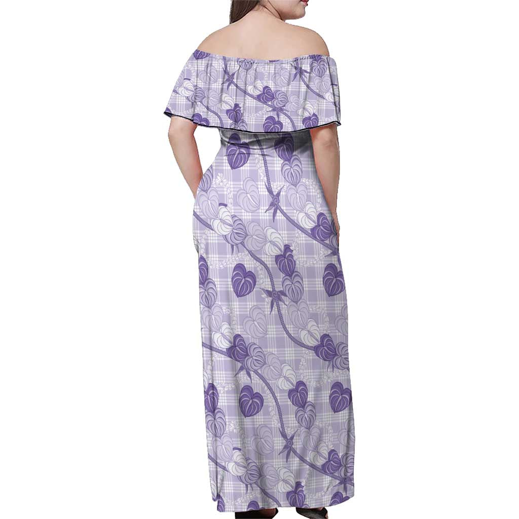 Anthurium Pikake Ti Leaf Palaka Family Matching Off Shoulder Maxi Dress and Hawaiian Shirt Purple Version