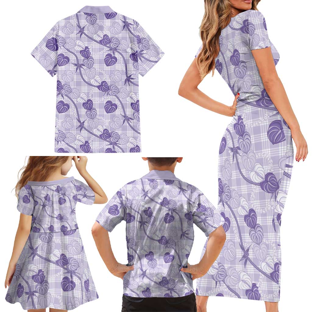 Anthurium Pikake Ti Leaf Palaka Family Matching Short Sleeve Bodycon Dress and Hawaiian Shirt Purple Version