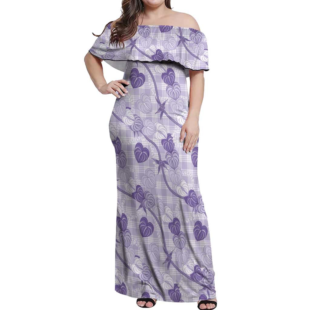 Anthurium Pikake Ti Leaf Palaka Off Shoulder Maxi Dress Purple Version
