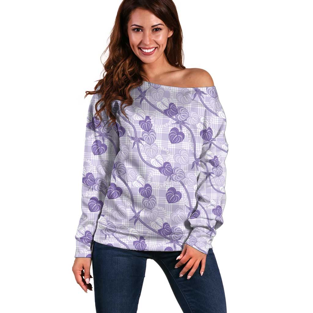 Anthurium Pikake Ti Leaf Palaka Off Shoulder Sweater Purple Version