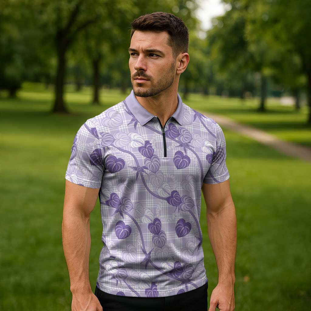 Anthurium Pikake Ti Leaf Palaka Zipper Polo Shirt Purple Version