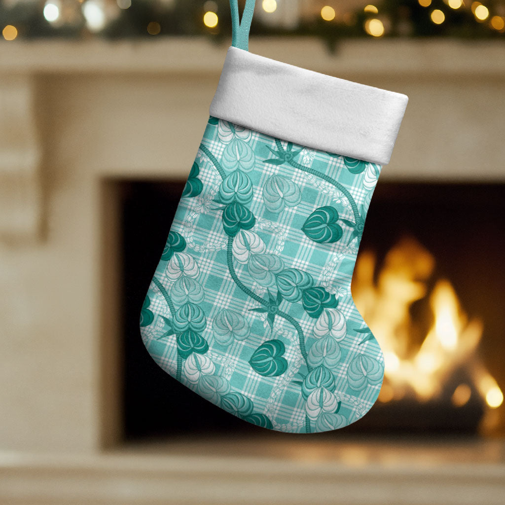 Anthurium Pikake Ti Leaf Palaka Christmas Stocking Turquoise Version LT01 Set of 2 Turquoise - Polynesian Pride