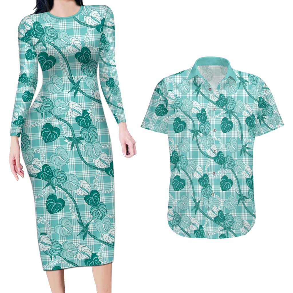 Anthurium Pikake Ti Leaf Palaka Couples Matching Long Sleeve Bodycon Dress and Hawaiian Shirt Turquoise Version