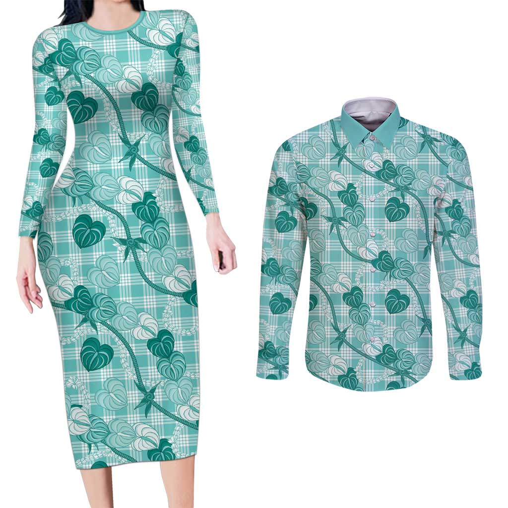 Anthurium Pikake Ti Leaf Palaka Couples Matching Long Sleeve Bodycon Dress and Long Sleeve Button Shirt Turquoise Version