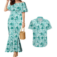 Anthurium Pikake Ti Leaf Palaka Couples Matching Mermaid Dress and Hawaiian Shirt Turquoise Version