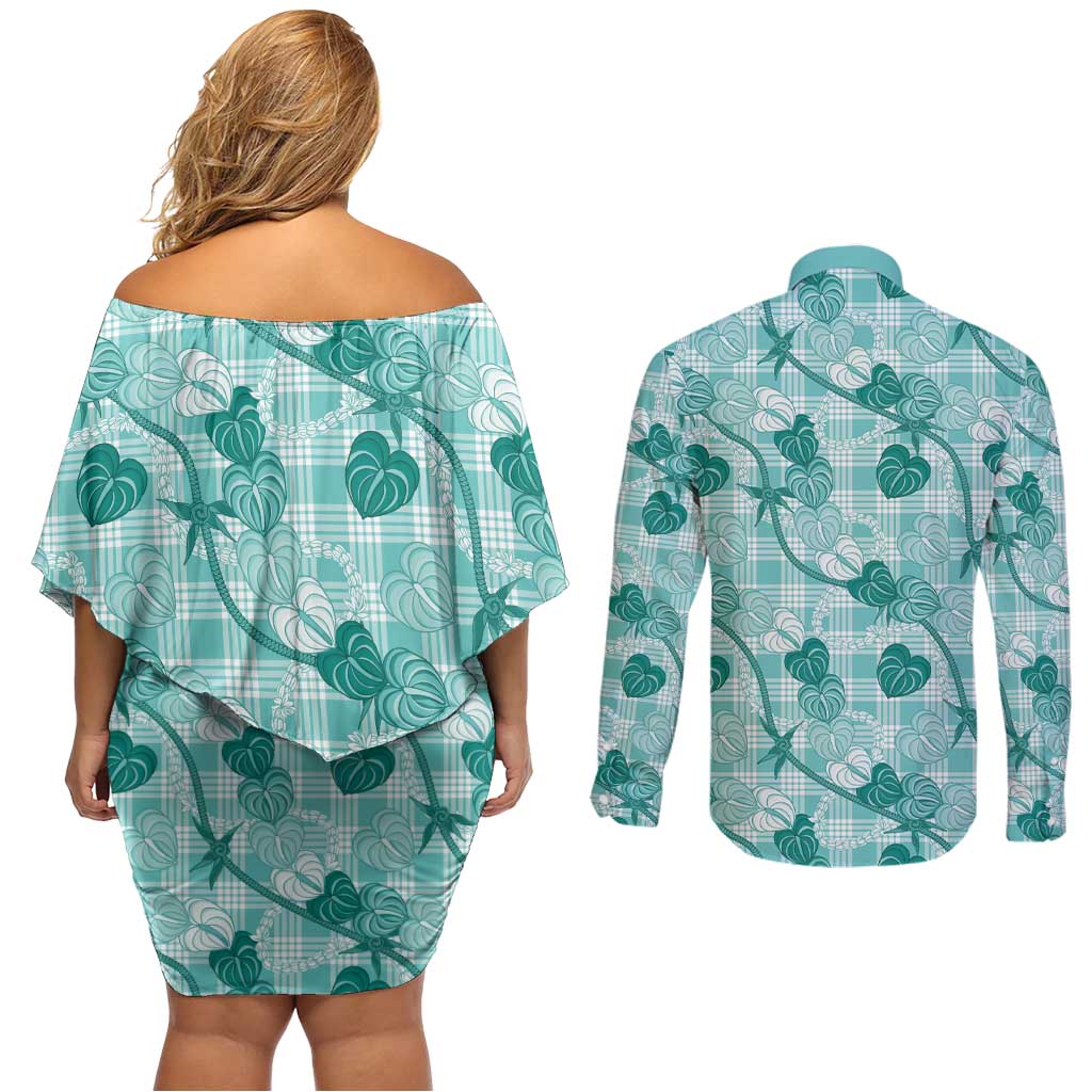 Anthurium Pikake Ti Leaf Palaka Couples Matching Off Shoulder Short Dress and Long Sleeve Button Shirt Turquoise Version LT01 - Polynesian Pride