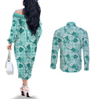 Anthurium Pikake Ti Leaf Palaka Couples Matching Off The Shoulder Long Sleeve Dress and Long Sleeve Button Shirt Turquoise Version