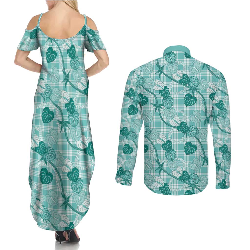 Anthurium Pikake Ti Leaf Palaka Couples Matching Summer Maxi Dress and Long Sleeve Button Shirt Turquoise Version