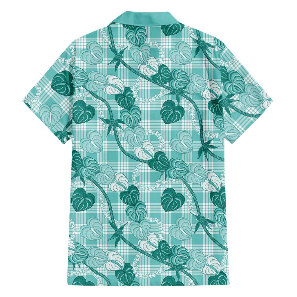 Anthurium Pikake Ti Leaf Palaka Family Matching Off The Shoulder Long Sleeve Dress and Hawaiian Shirt Turquoise Version